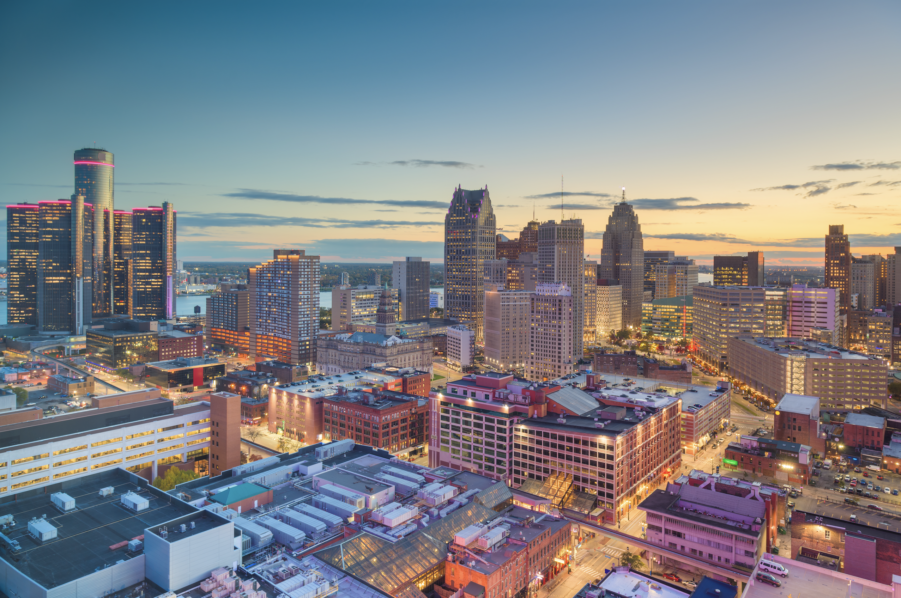 Aerial view of Downtown Detroit during the NFL Draft